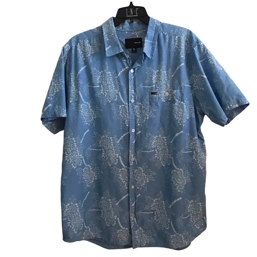 Hurley Mens XL Button Up Shirt Short Sleeve Blue Floral 100% Cotton Beach Aloha